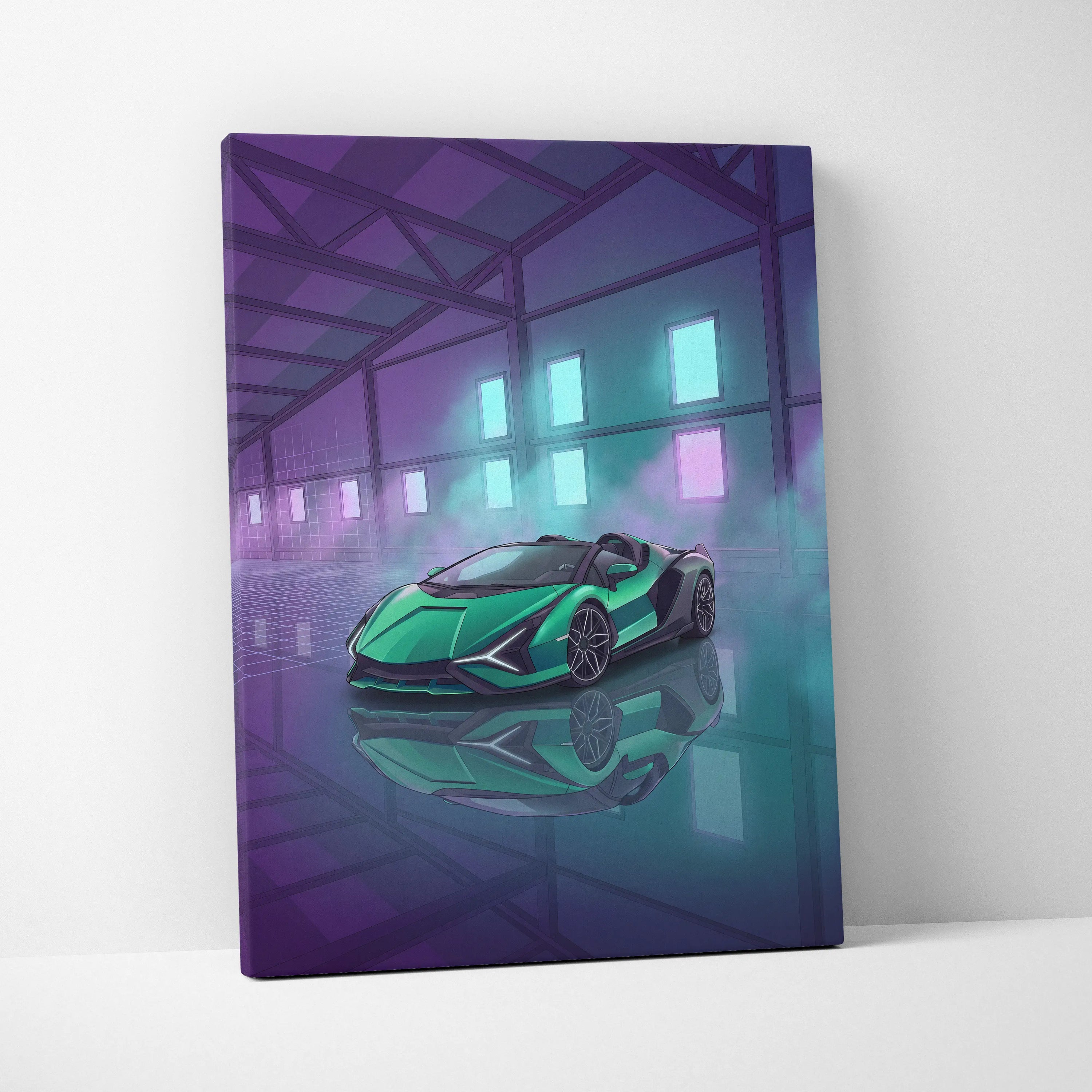 Lamborghini Sian Roadster Inspired Green Purple Canvas Wall Art, Neon Vaporwave Hypercar Artwork for Futuristic Garage Decor