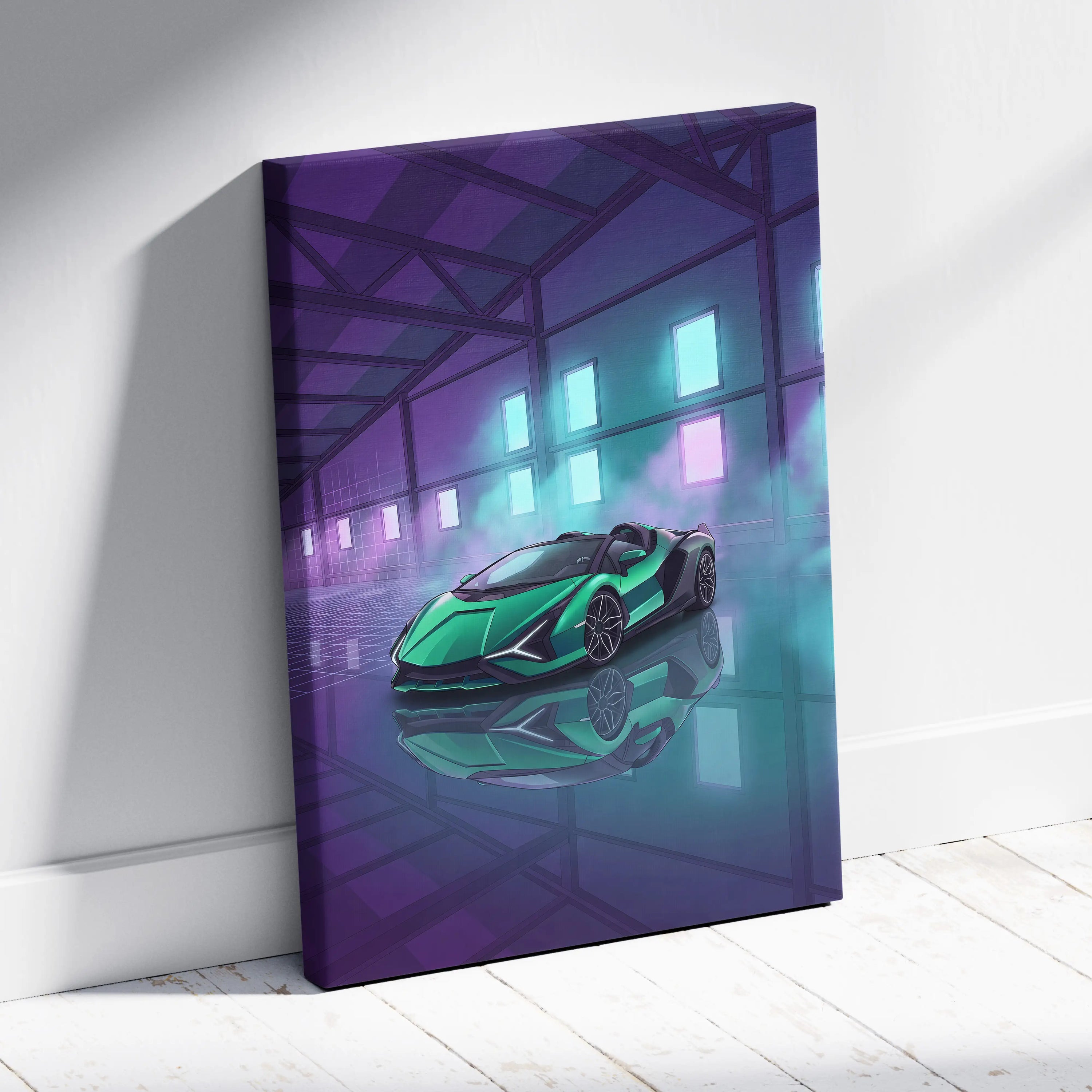 Lamborghini Sian Roadster Inspired Green Purple Canvas Wall Art, Neon Vaporwave Hypercar Artwork for Futuristic Garage Decor