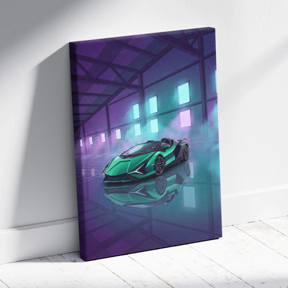 Lamborghini Sian Roadster Inspired Green Purple Canvas Wall Art, Neon Vaporwave Hypercar Artwork for Futuristic Garage Decor