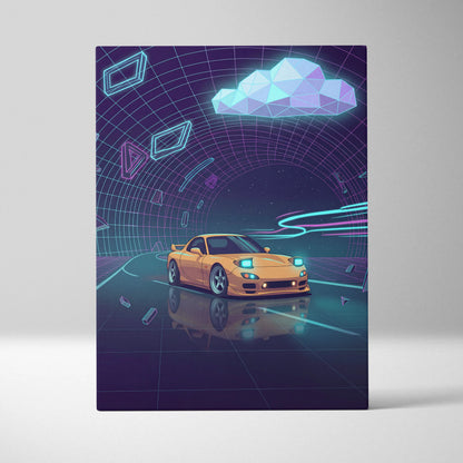 Mazda RX-7 FD Inspired Yellow Purple Canvas Wall Art, Neon Vaporwave JDM Sports Car Artwork for Futuristic Garage Decor