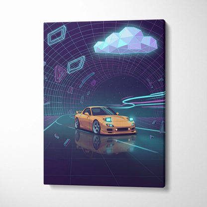 Mazda RX-7 FD Inspired Yellow Purple Canvas Wall Art, Neon Vaporwave JDM Sports Car Artwork for Futuristic Garage Decor