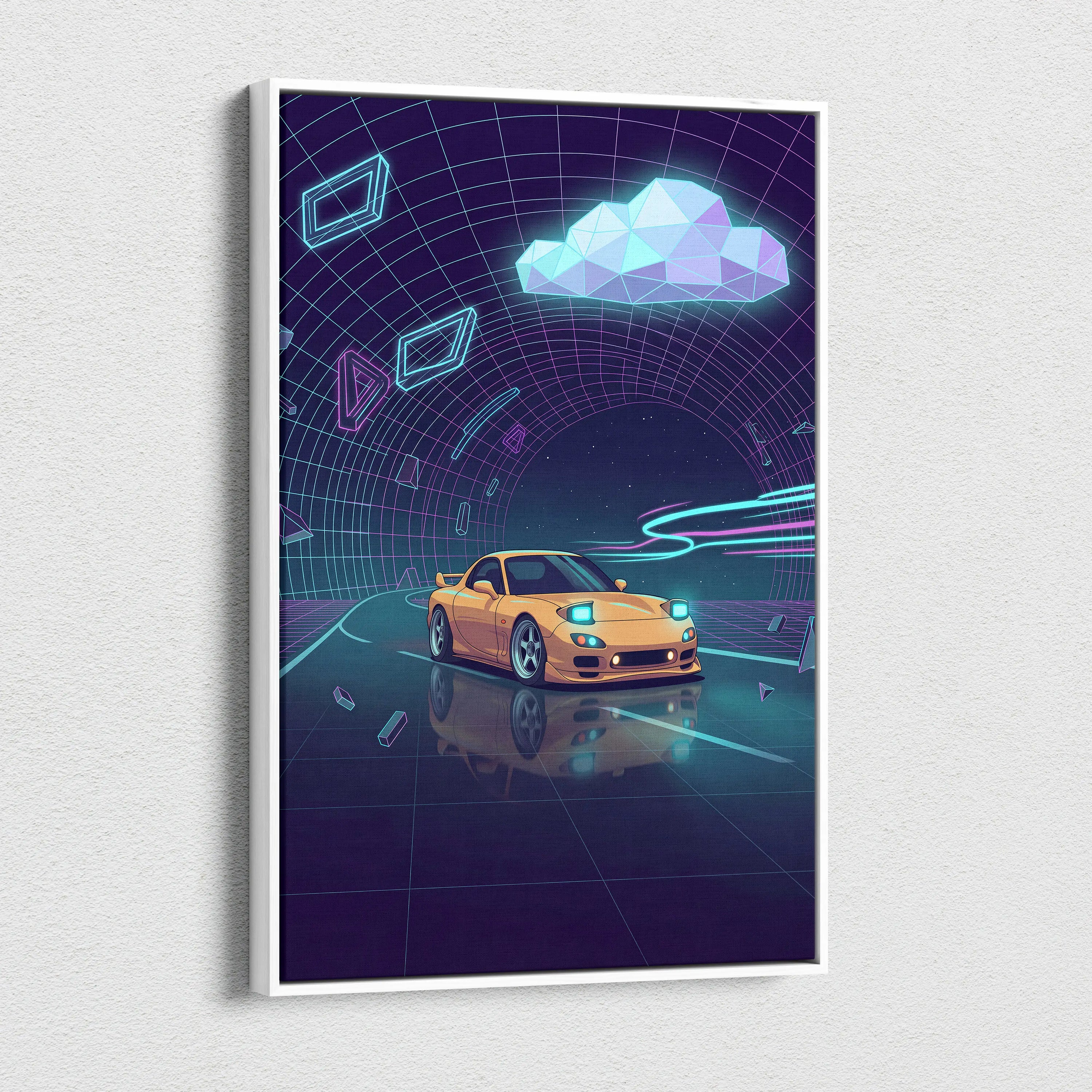 Mazda RX-7 FD Inspired Yellow Purple Canvas Wall Art, Neon Vaporwave JDM Sports Car Artwork for Futuristic Garage Decor