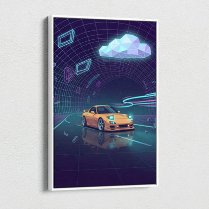 Mazda RX-7 FD Inspired Yellow Purple Canvas Wall Art, Neon Vaporwave JDM Sports Car Artwork for Futuristic Garage Decor
