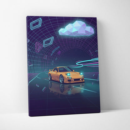Mazda RX-7 FD Inspired Yellow Purple Canvas Wall Art, Neon Vaporwave JDM Sports Car Artwork for Futuristic Garage Decor