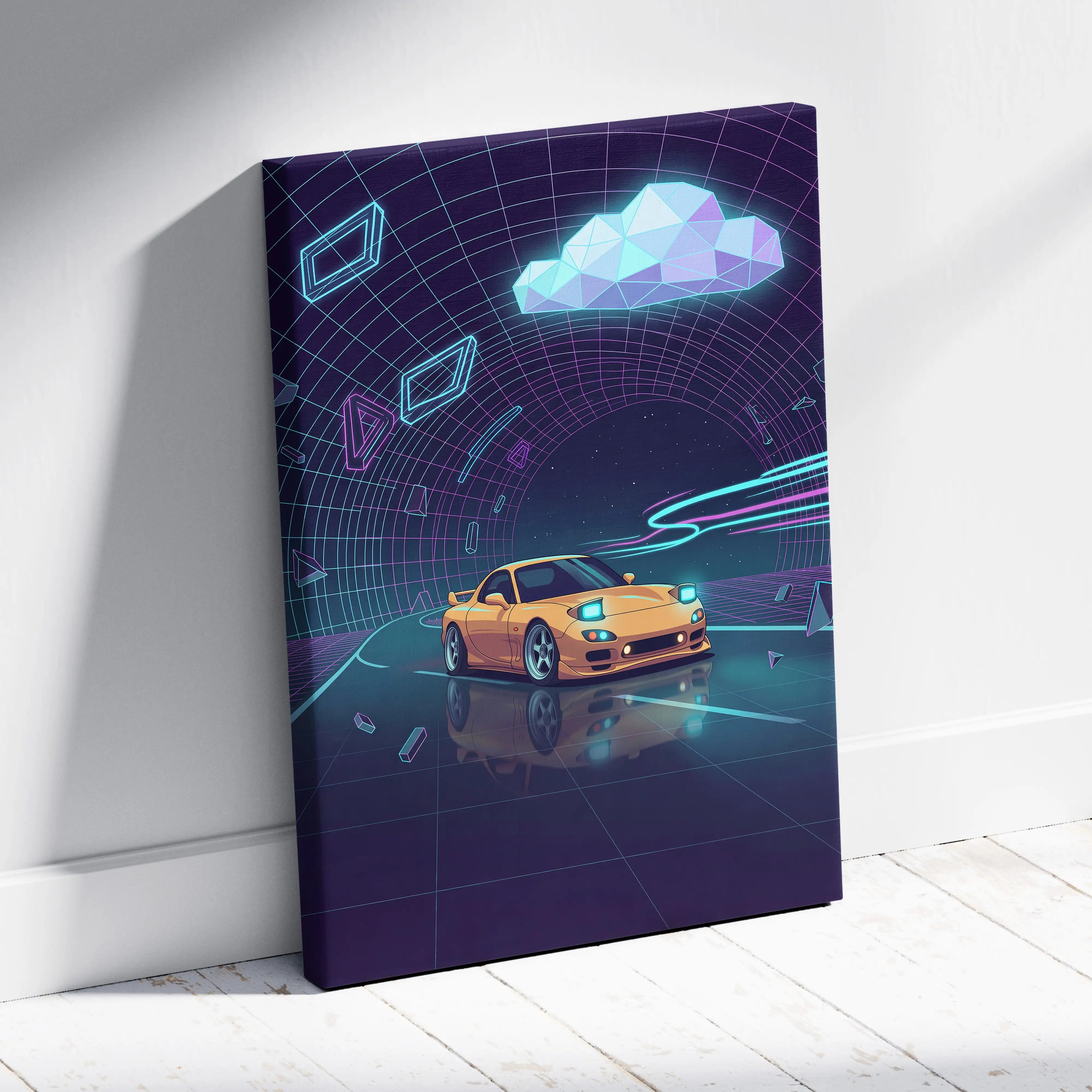 Mazda RX-7 FD Inspired Yellow Purple Canvas Wall Art, Neon Vaporwave JDM Sports Car Artwork for Futuristic Garage Decor