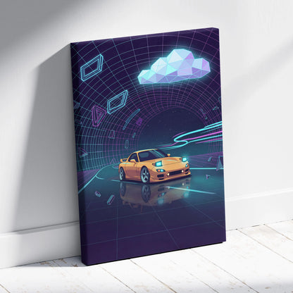Mazda RX-7 FD Inspired Yellow Purple Canvas Wall Art, Neon Vaporwave JDM Sports Car Artwork for Futuristic Garage Decor