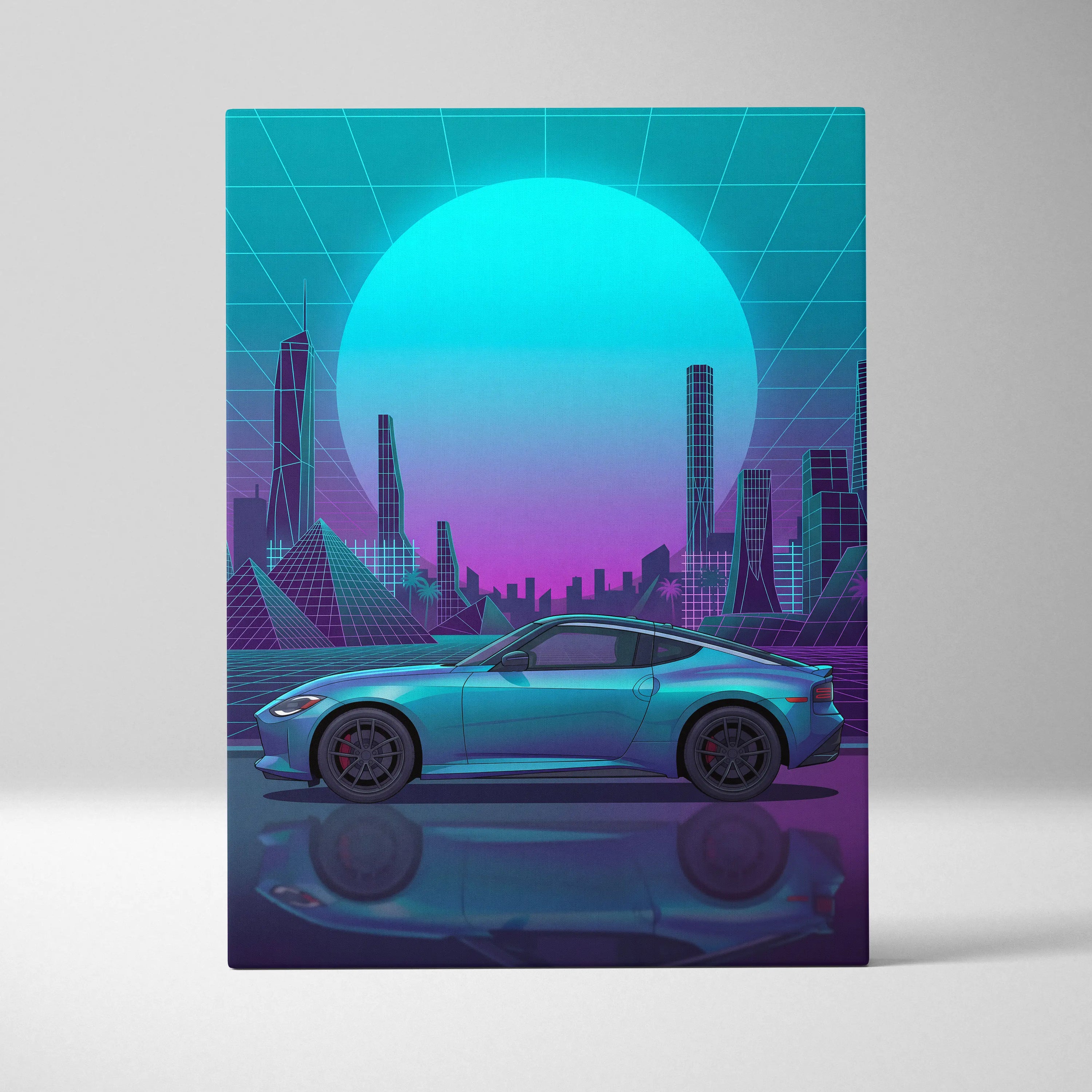 Nissan Z Inspired Teal Purple Canvas Wall Art, Neon Vaporwave JDM Sports Car Artwork for Futuristic City Garage Decor