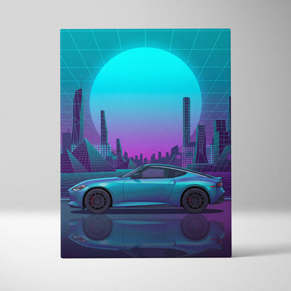 Nissan Z Inspired Teal Purple Canvas Wall Art, Neon Vaporwave JDM Sports Car Artwork for Futuristic City Garage Decor