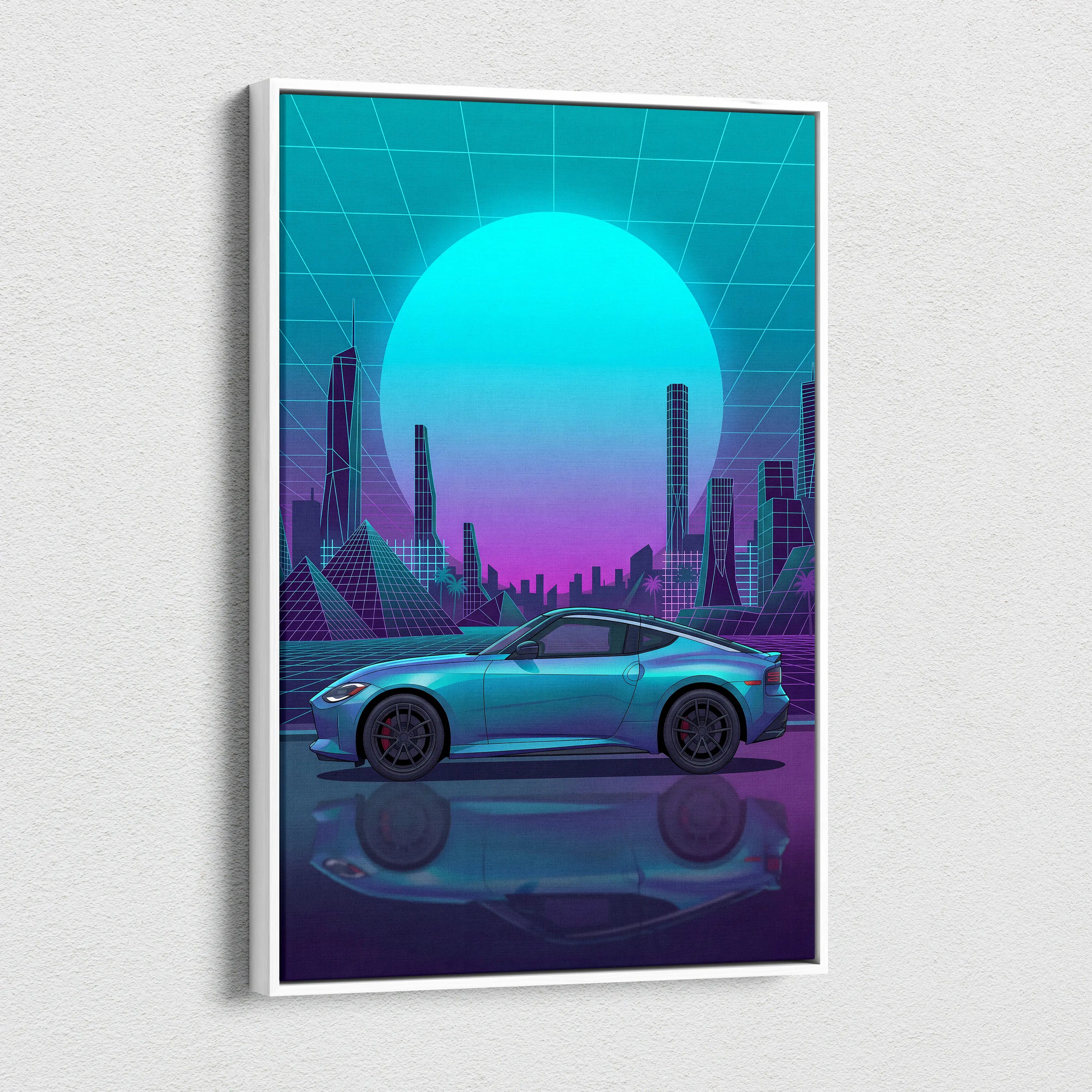 Nissan Z Inspired Teal Purple Canvas Wall Art, Neon Vaporwave JDM Sports Car Artwork for Futuristic City Garage Decor