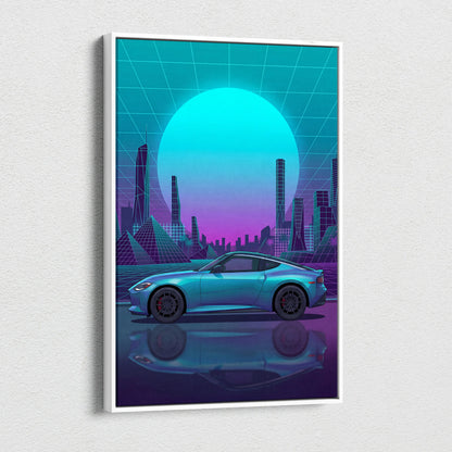 Nissan Z Inspired Teal Purple Canvas Wall Art, Neon Vaporwave JDM Sports Car Artwork for Futuristic City Garage Decor