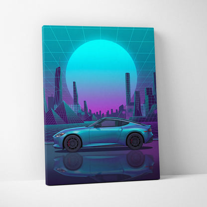 Nissan Z Inspired Teal Purple Canvas Wall Art, Neon Vaporwave JDM Sports Car Artwork for Futuristic City Garage Decor
