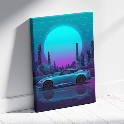 Nissan Z Inspired Teal Purple Canvas Wall Art, Neon Vaporwave JDM Sports Car Artwork for Futuristic City Garage Decor