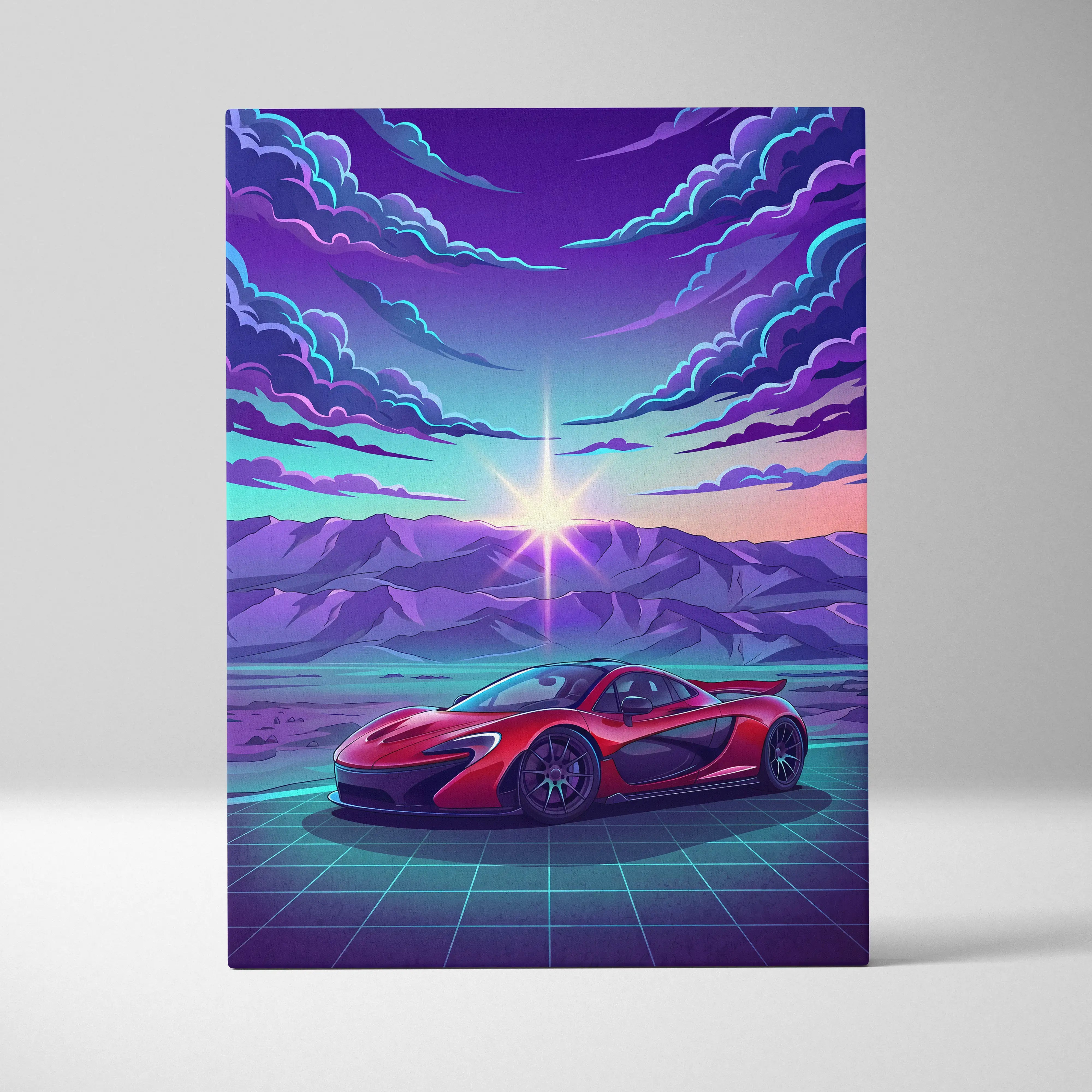 McLaren P1 Inspired Red Purple Canvas Wall Art, Sunset Vaporwave Hypercar Artwork for Mountain Garage Decor