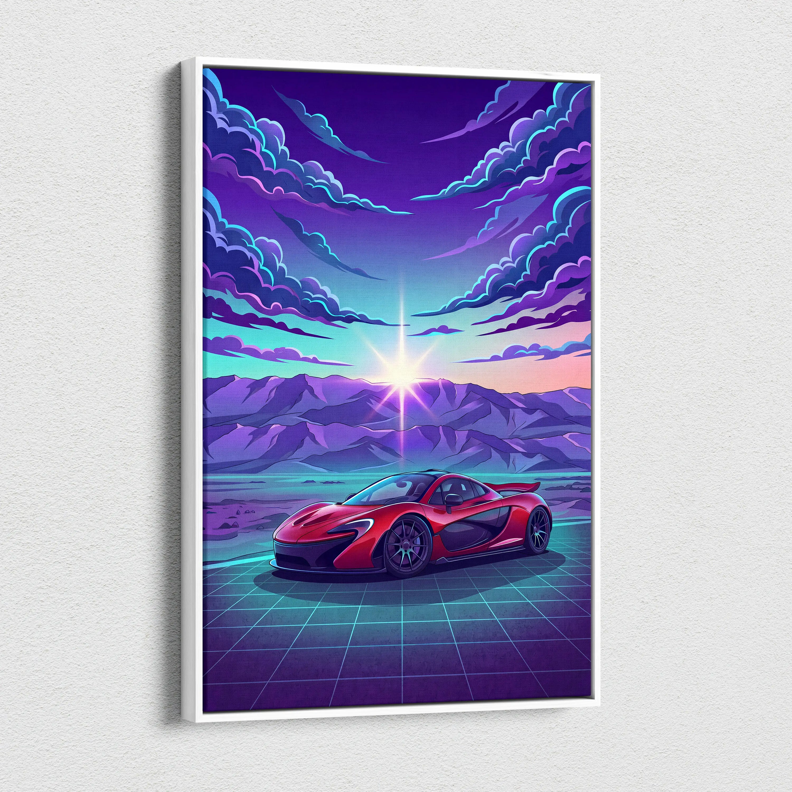 McLaren P1 Inspired Red Purple Canvas Wall Art, Sunset Vaporwave Hypercar Artwork for Mountain Garage Decor