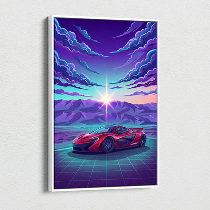 McLaren P1 Inspired Red Purple Canvas Wall Art, Sunset Vaporwave Hypercar Artwork for Mountain Garage Decor