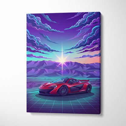 McLaren P1 Inspired Red Purple Canvas Wall Art, Sunset Vaporwave Hypercar Artwork for Mountain Garage Decor