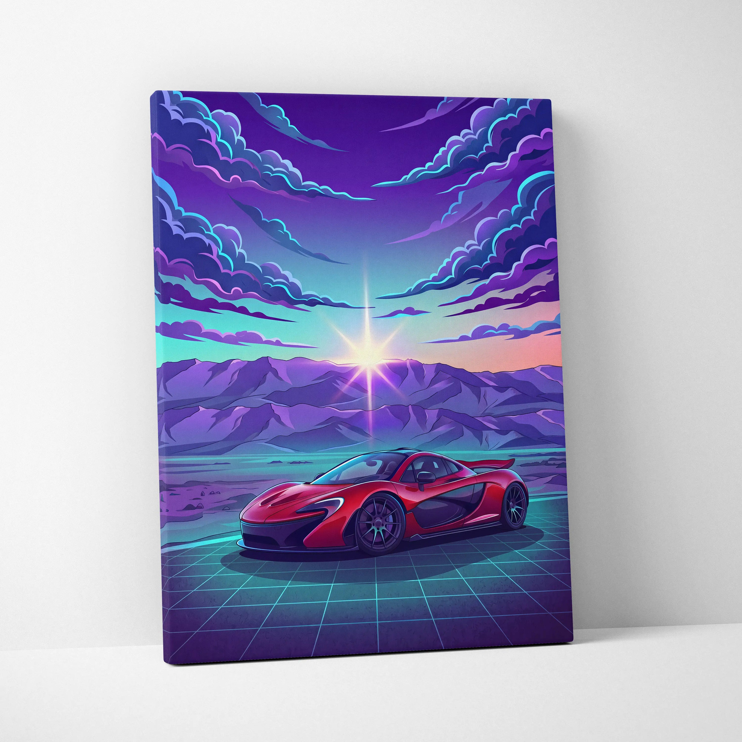 McLaren P1 Inspired Red Purple Canvas Wall Art, Sunset Vaporwave Hypercar Artwork for Mountain Garage Decor