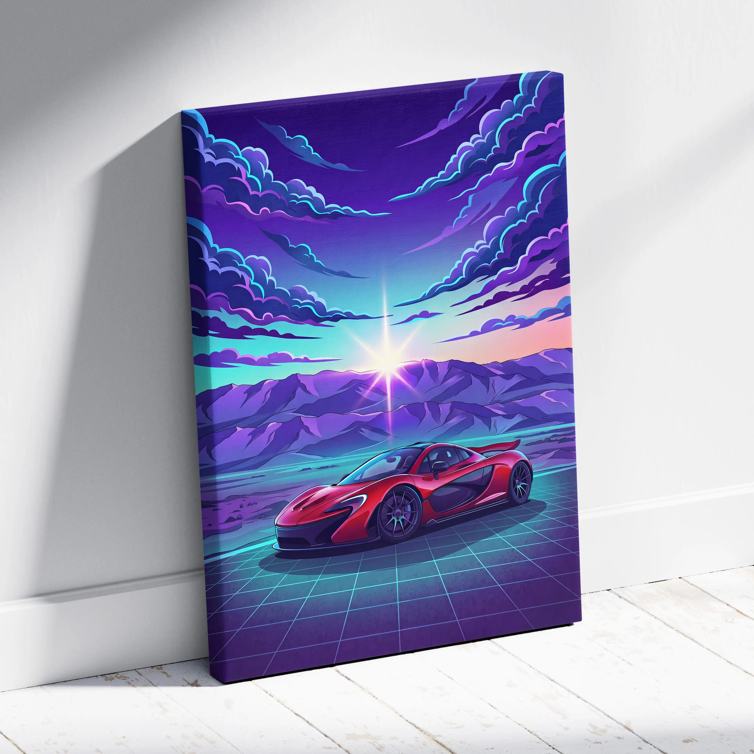 McLaren P1 Inspired Red Purple Canvas Wall Art, Sunset Vaporwave Hypercar Artwork for Mountain Garage Decor