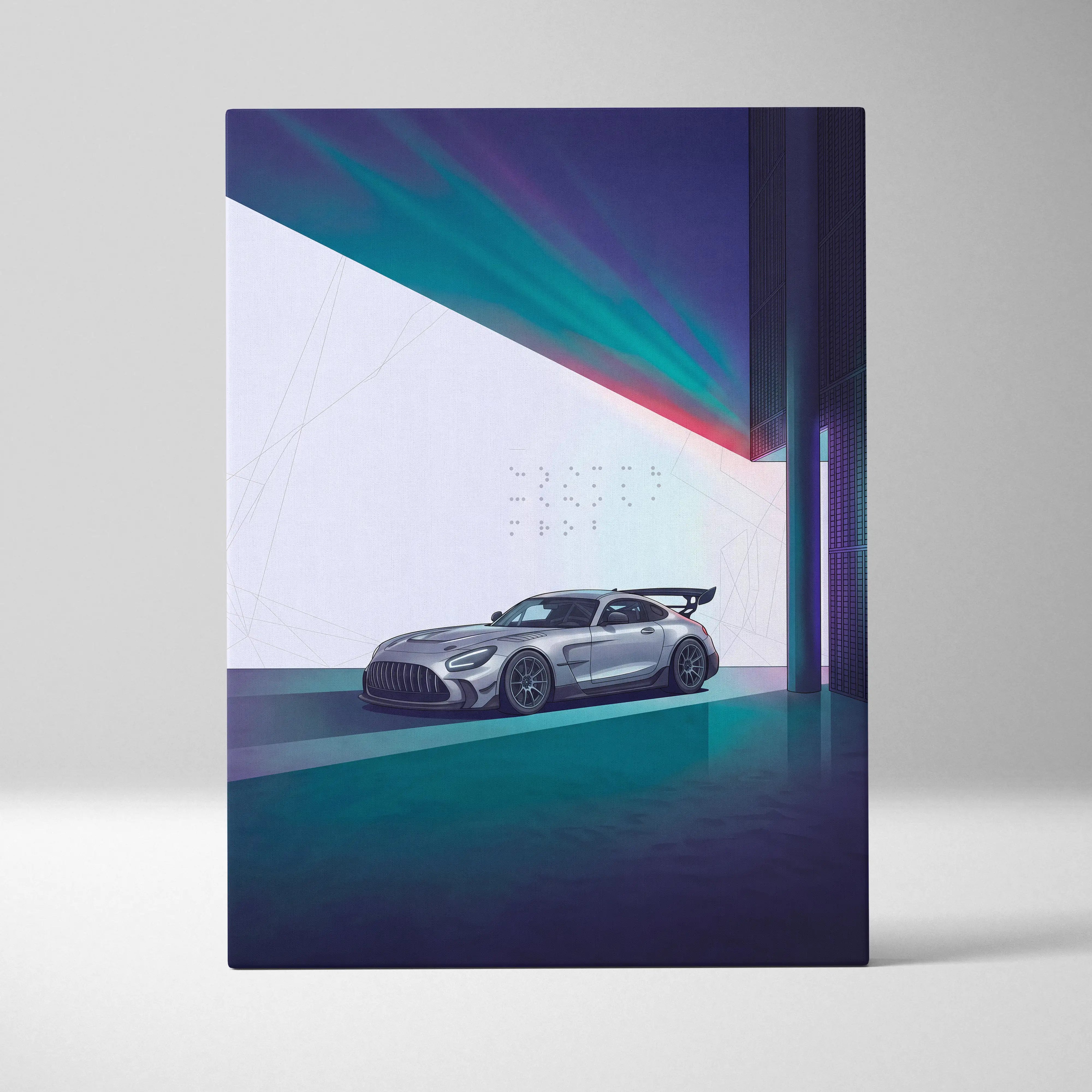 Mercedes-AMG GT Black Series Inspired Silver Teal Canvas Wall Art, Minimal Vaporwave Race Car Artwork for Modern Garage Decor