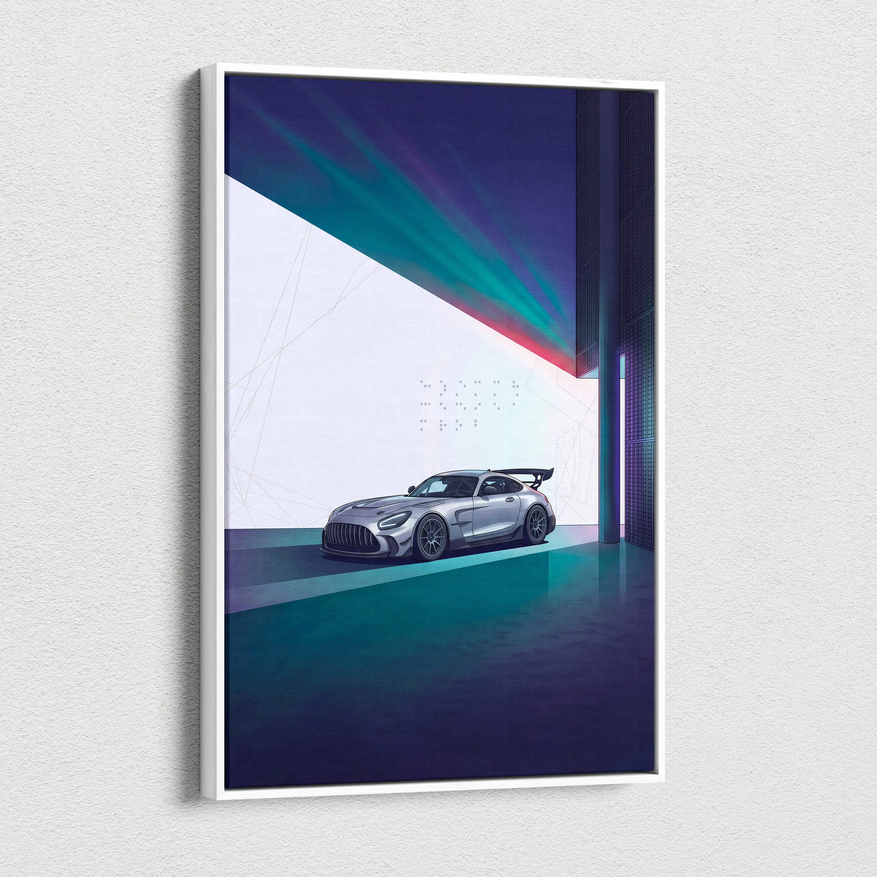 Mercedes-AMG GT Black Series Inspired Silver Teal Canvas Wall Art, Minimal Vaporwave Race Car Artwork for Modern Garage Decor