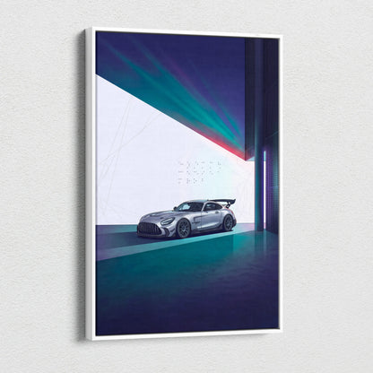 Mercedes-AMG GT Black Series Inspired Silver Teal Canvas Wall Art, Minimal Vaporwave Race Car Artwork for Modern Garage Decor