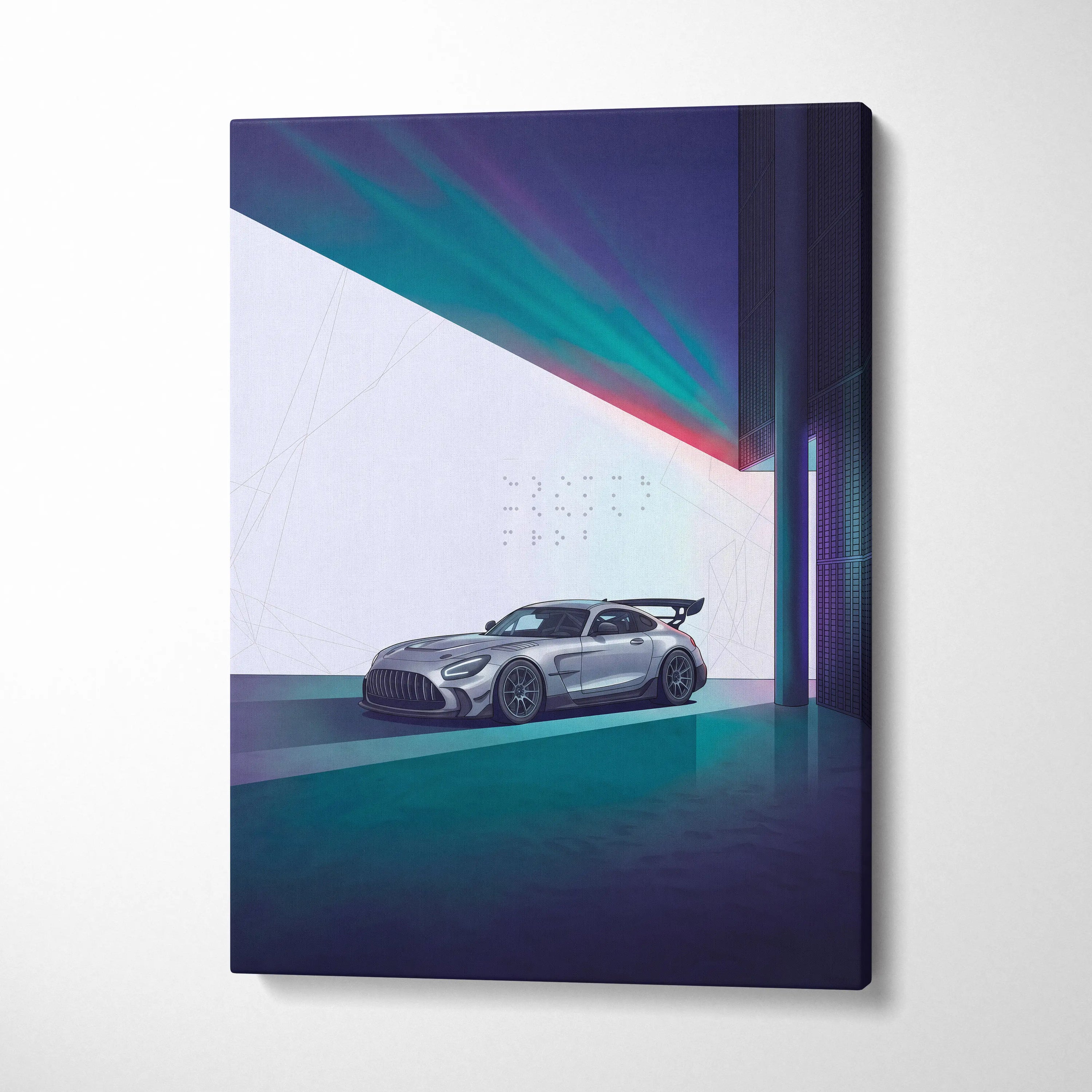 Mercedes-AMG GT Black Series Inspired Silver Teal Canvas Wall Art, Minimal Vaporwave Race Car Artwork for Modern Garage Decor