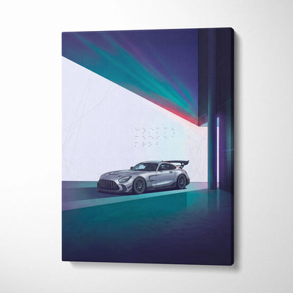 Mercedes-AMG GT Black Series Inspired Silver Teal Canvas Wall Art, Minimal Vaporwave Race Car Artwork for Modern Garage Decor