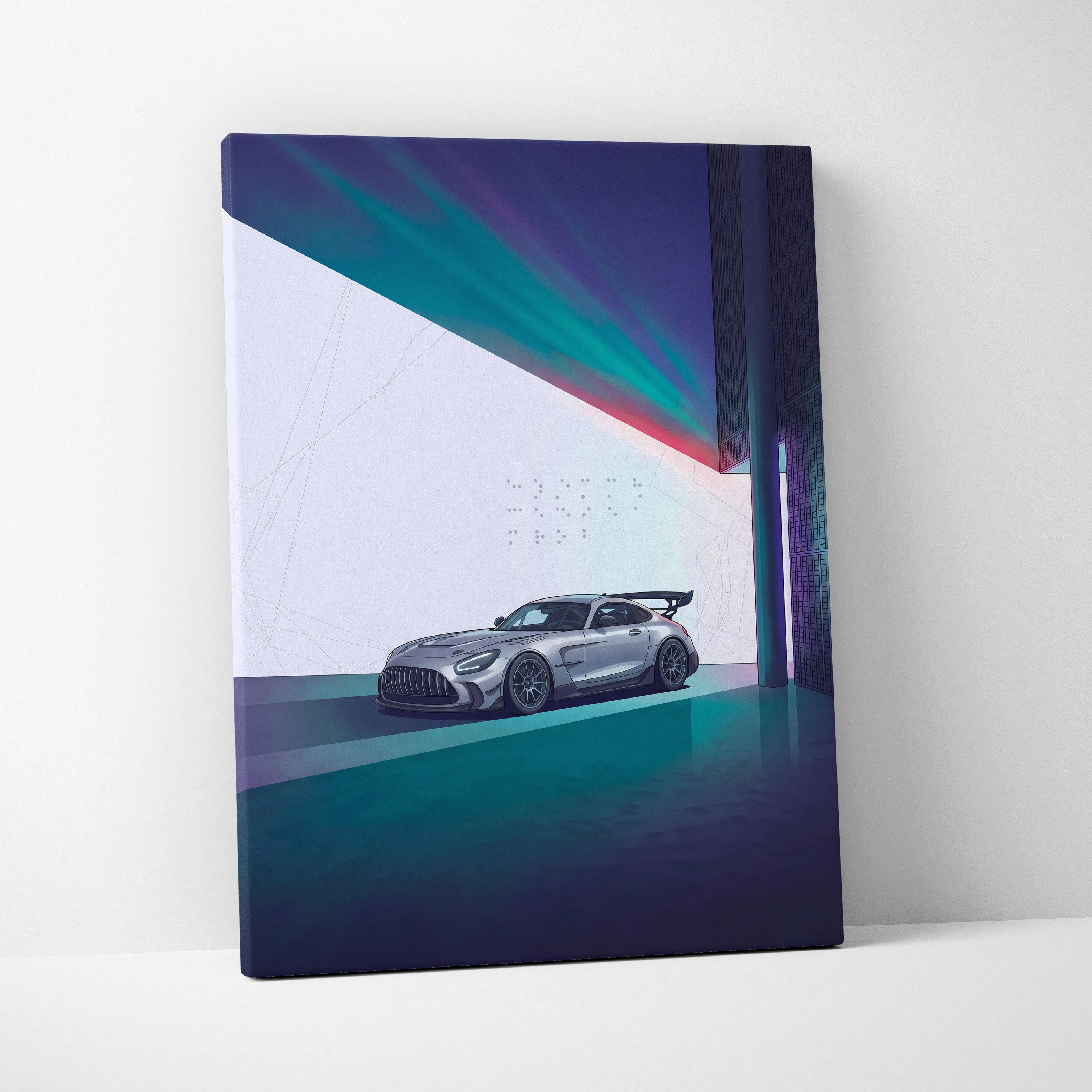 Mercedes-AMG GT Black Series Inspired Silver Teal Canvas Wall Art, Minimal Vaporwave Race Car Artwork for Modern Garage Decor