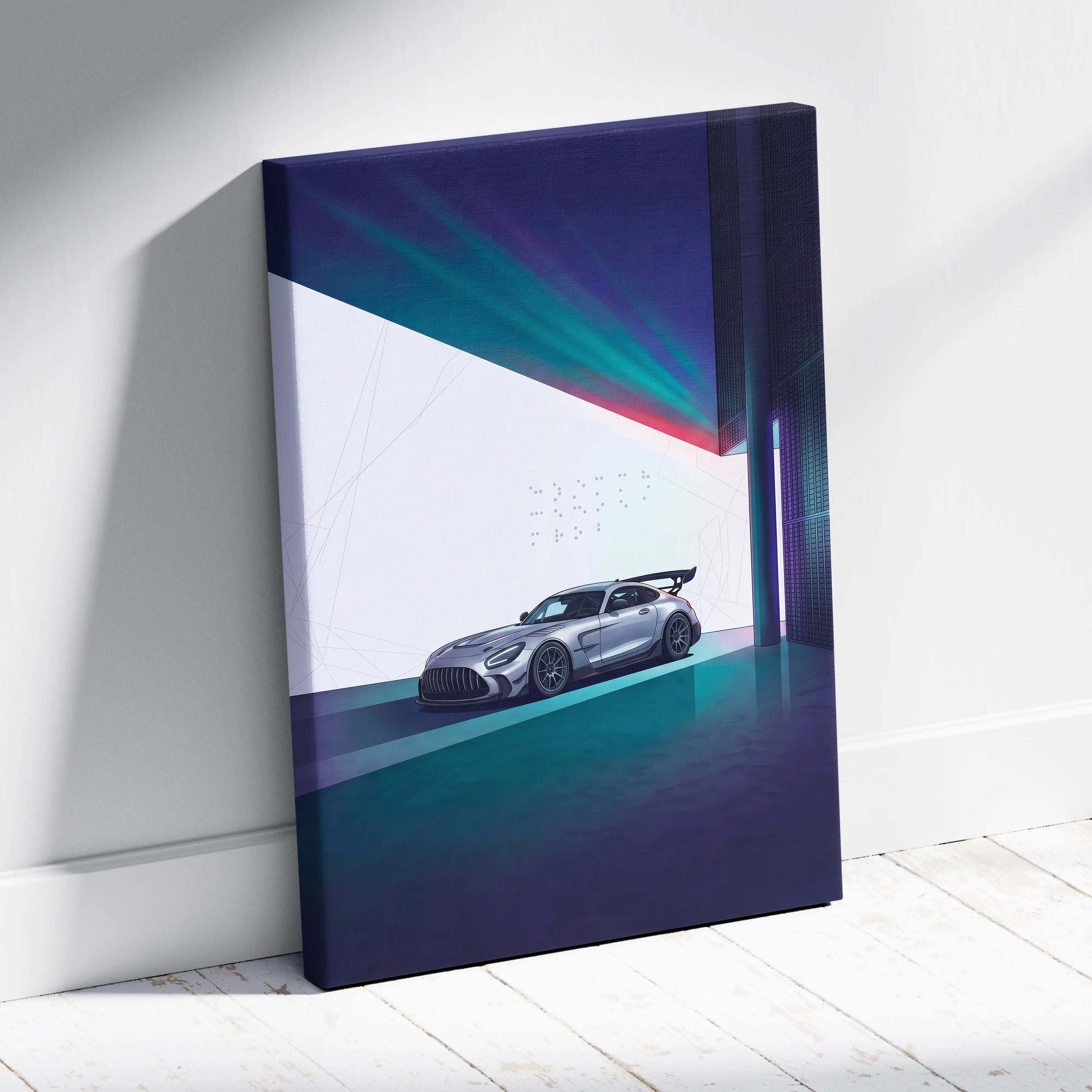 Mercedes-AMG GT Black Series Inspired Silver Teal Canvas Wall Art, Minimal Vaporwave Race Car Artwork for Modern Garage Decor