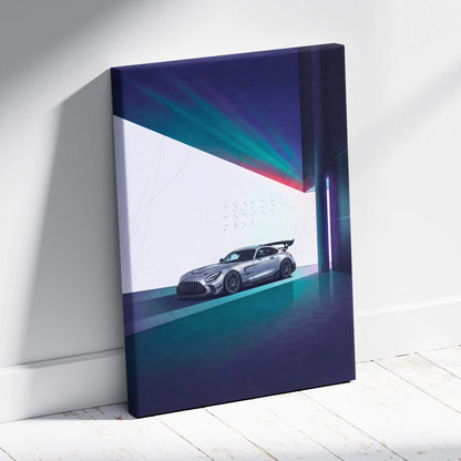 Mercedes-AMG GT Black Series Inspired Silver Teal Canvas Wall Art, Minimal Vaporwave Race Car Artwork for Modern Garage Decor