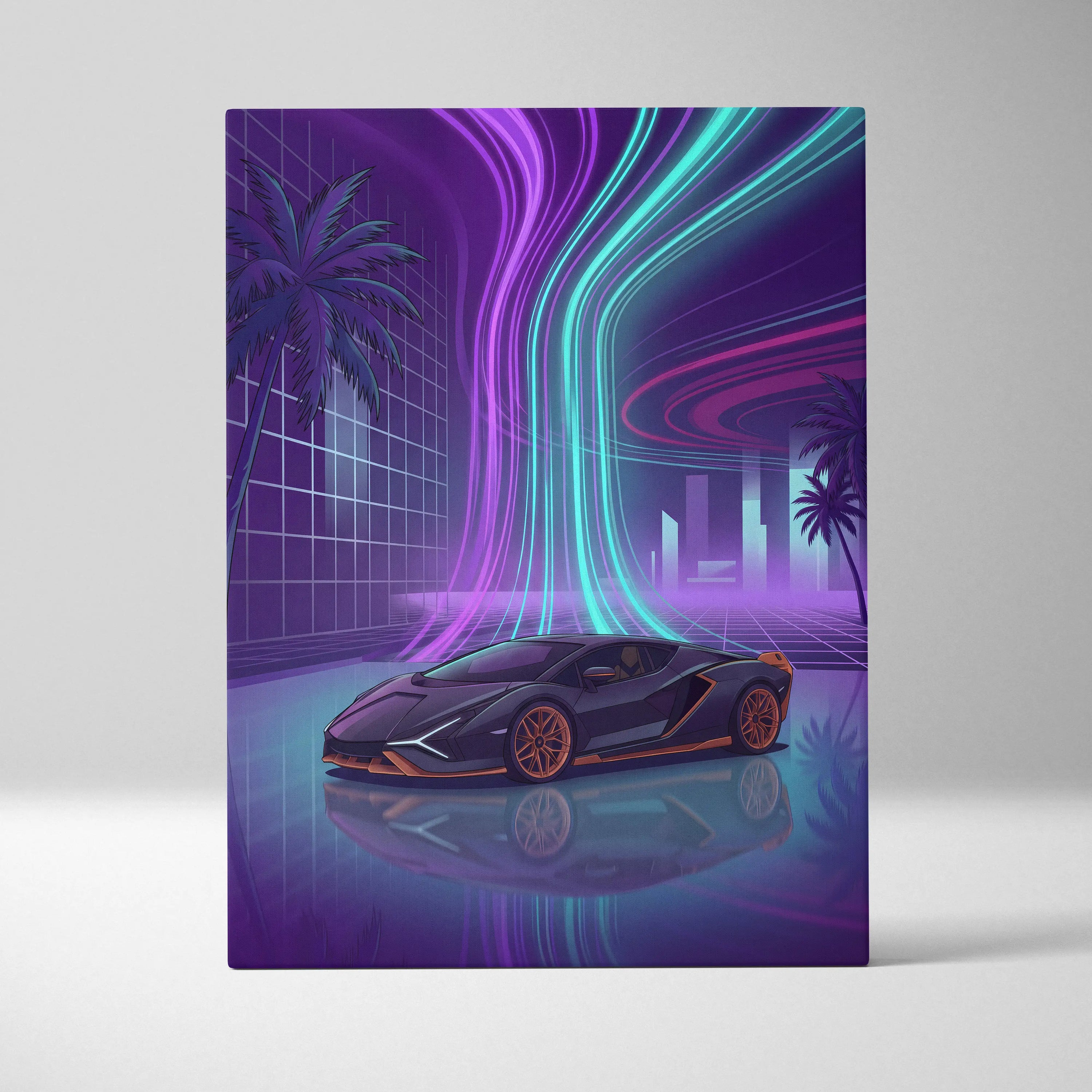Lamborghini Sian Inspired Black Purple Canvas Wall Art, Neon Vaporwave Hypercar Artwork for Futuristic Garage Decor with Cyberpunk Mood