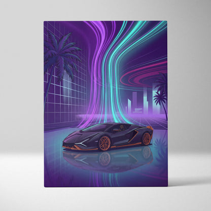 Lamborghini Sian Inspired Black Purple Canvas Wall Art, Neon Vaporwave Hypercar Artwork for Futuristic Garage Decor with Cyberpunk Mood
