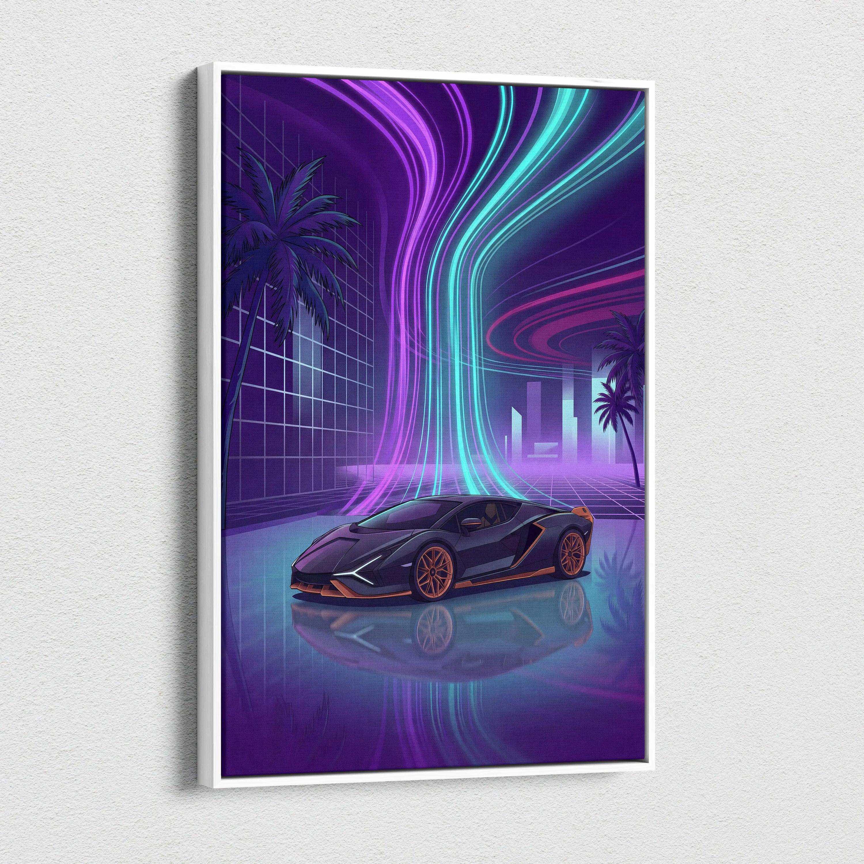 Lamborghini Sian Inspired Black Purple Canvas Wall Art, Neon Vaporwave Hypercar Artwork for Futuristic Garage Decor with Cyberpunk Mood