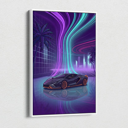 Lamborghini Sian Inspired Black Purple Canvas Wall Art, Neon Vaporwave Hypercar Artwork for Futuristic Garage Decor with Cyberpunk Mood