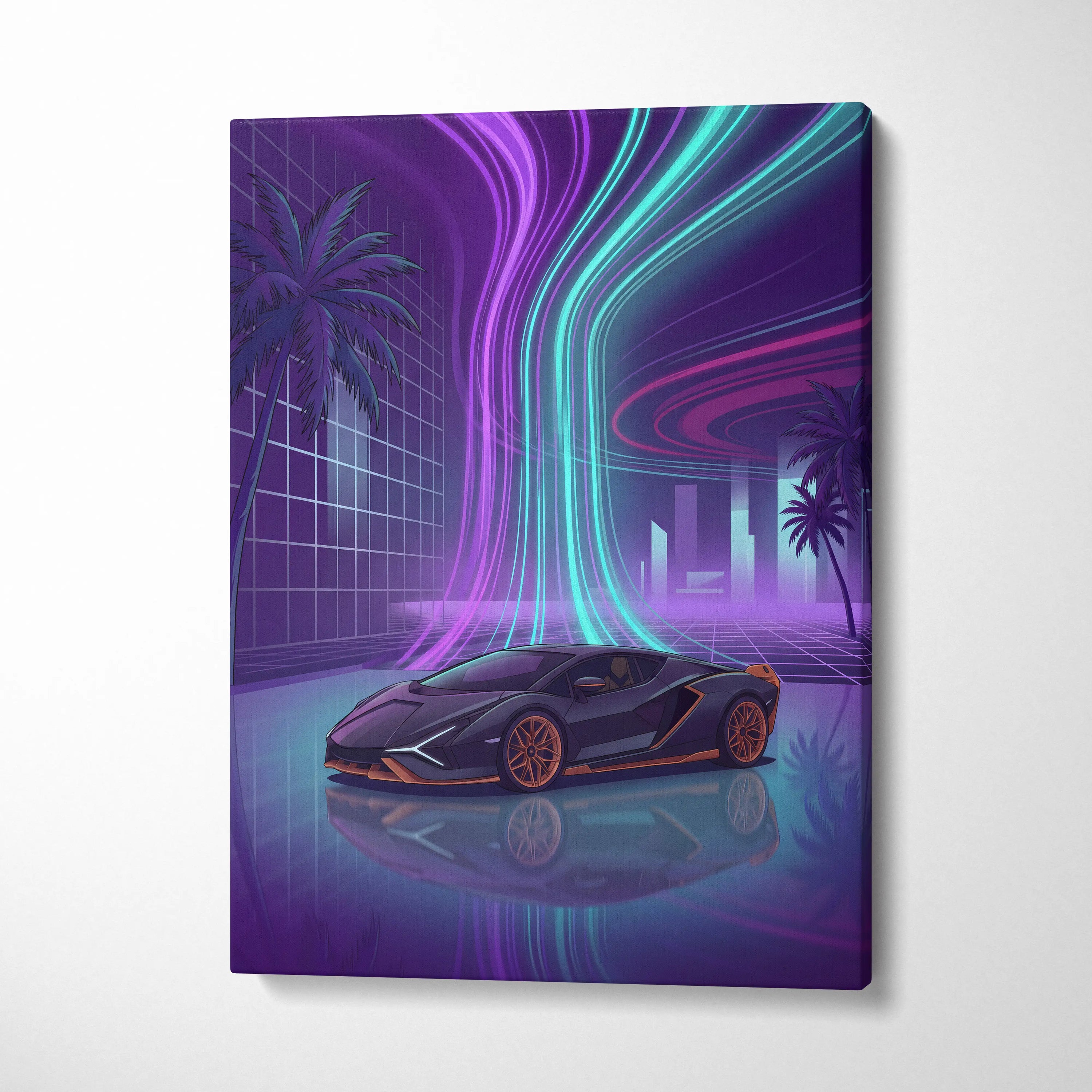 Lamborghini Sian Inspired Black Purple Canvas Wall Art, Neon Vaporwave Hypercar Artwork for Futuristic Garage Decor with Cyberpunk Mood