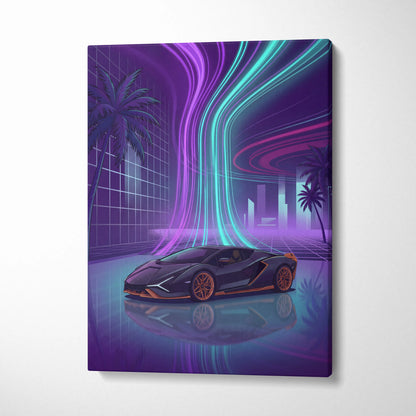 Lamborghini Sian Inspired Black Purple Canvas Wall Art, Neon Vaporwave Hypercar Artwork for Futuristic Garage Decor with Cyberpunk Mood