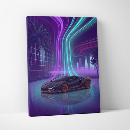 Lamborghini Sian Inspired Black Purple Canvas Wall Art, Neon Vaporwave Hypercar Artwork for Futuristic Garage Decor with Cyberpunk Mood