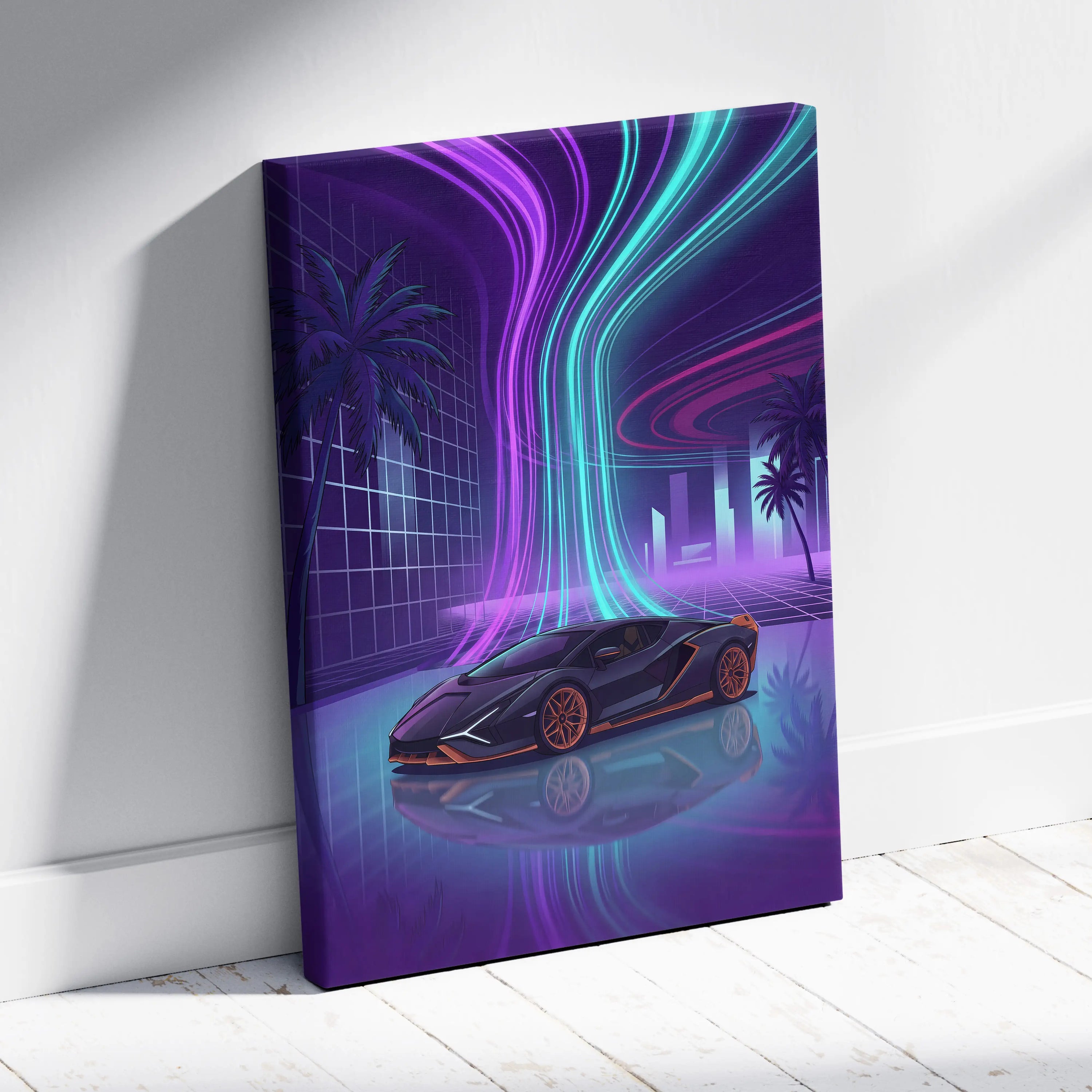 Lamborghini Sian Inspired Black Purple Canvas Wall Art, Neon Vaporwave Hypercar Artwork for Futuristic Garage Decor with Cyberpunk Mood