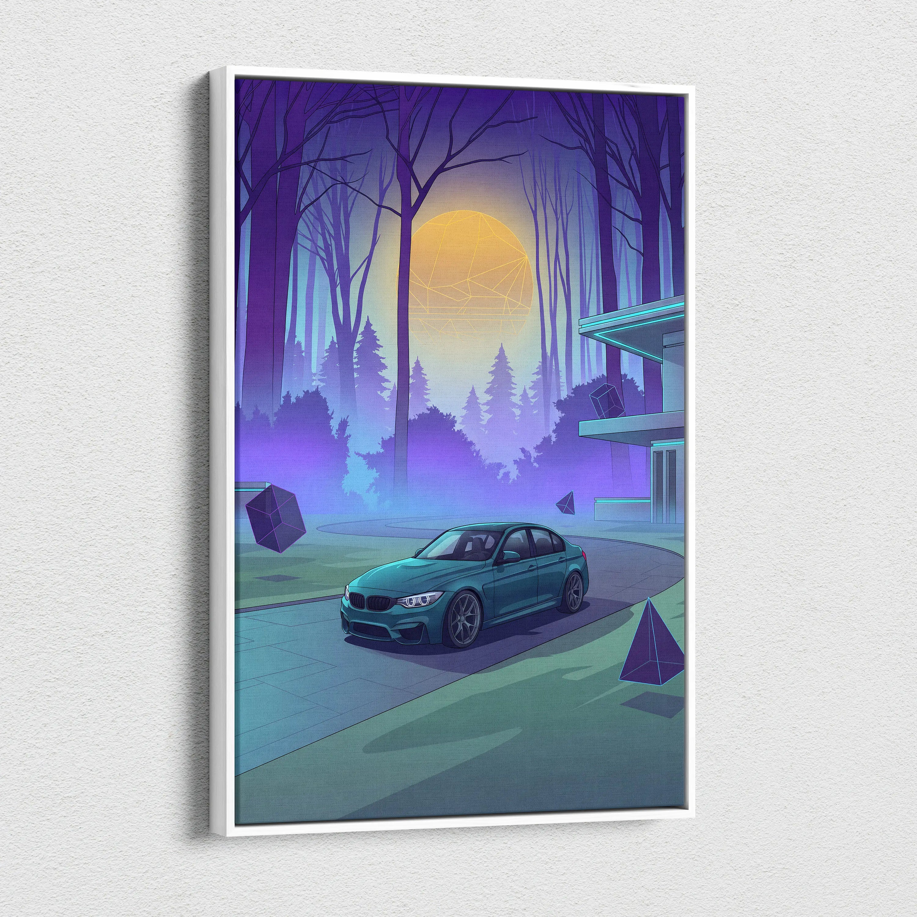 BMW M3 Inspired Teal Purple Canvas Wall Art, Forest Vaporwave Sports Sedan Artwork for Modern Garage Decor