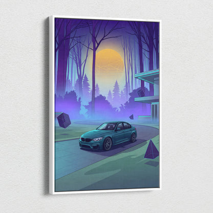 BMW M3 Inspired Teal Purple Canvas Wall Art, Forest Vaporwave Sports Sedan Artwork for Modern Garage Decor