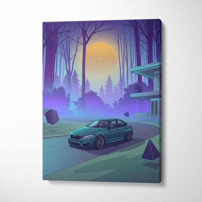 BMW M3 Inspired Teal Purple Canvas Wall Art, Forest Vaporwave Sports Sedan Artwork for Modern Garage Decor