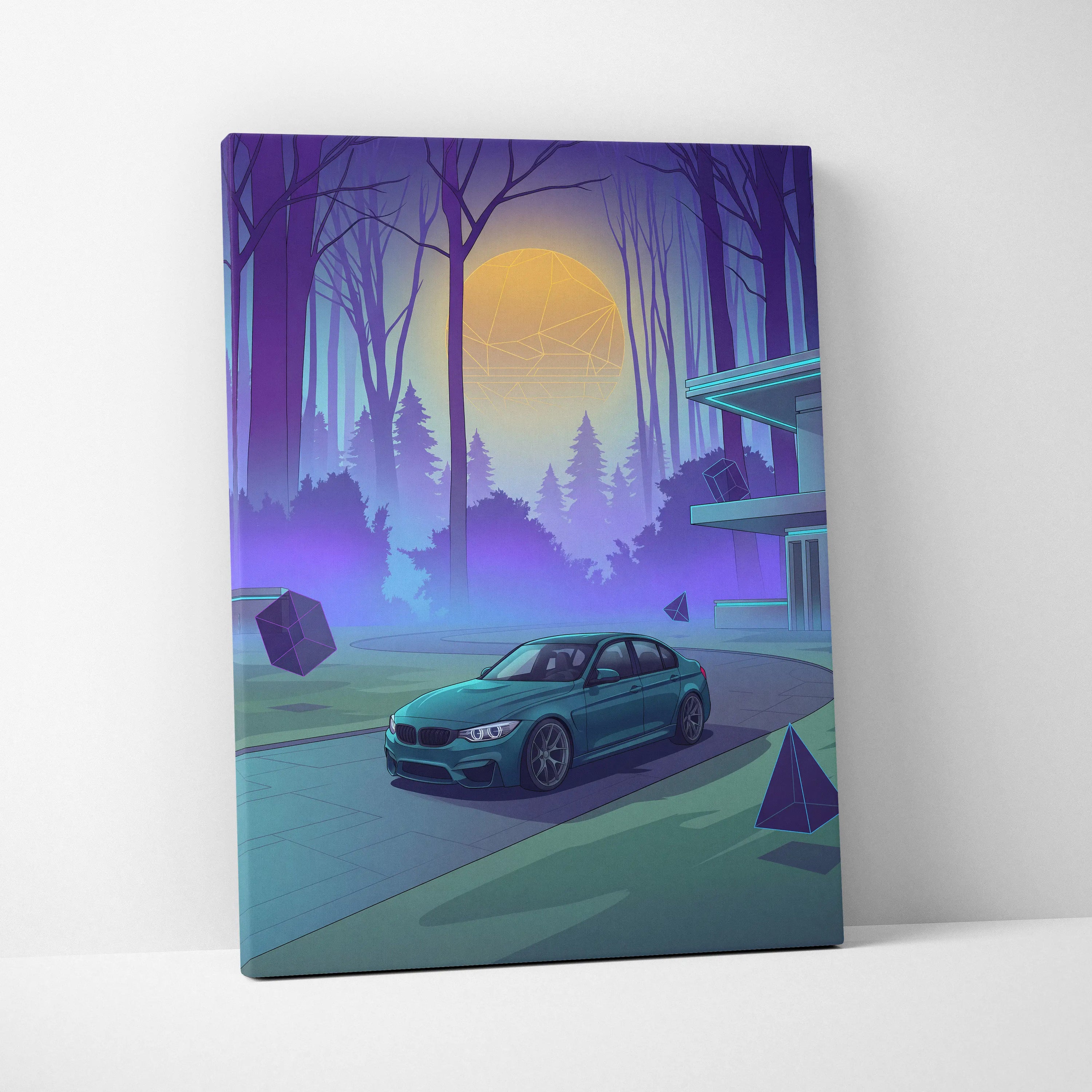 BMW M3 Inspired Teal Purple Canvas Wall Art, Forest Vaporwave Sports Sedan Artwork for Modern Garage Decor