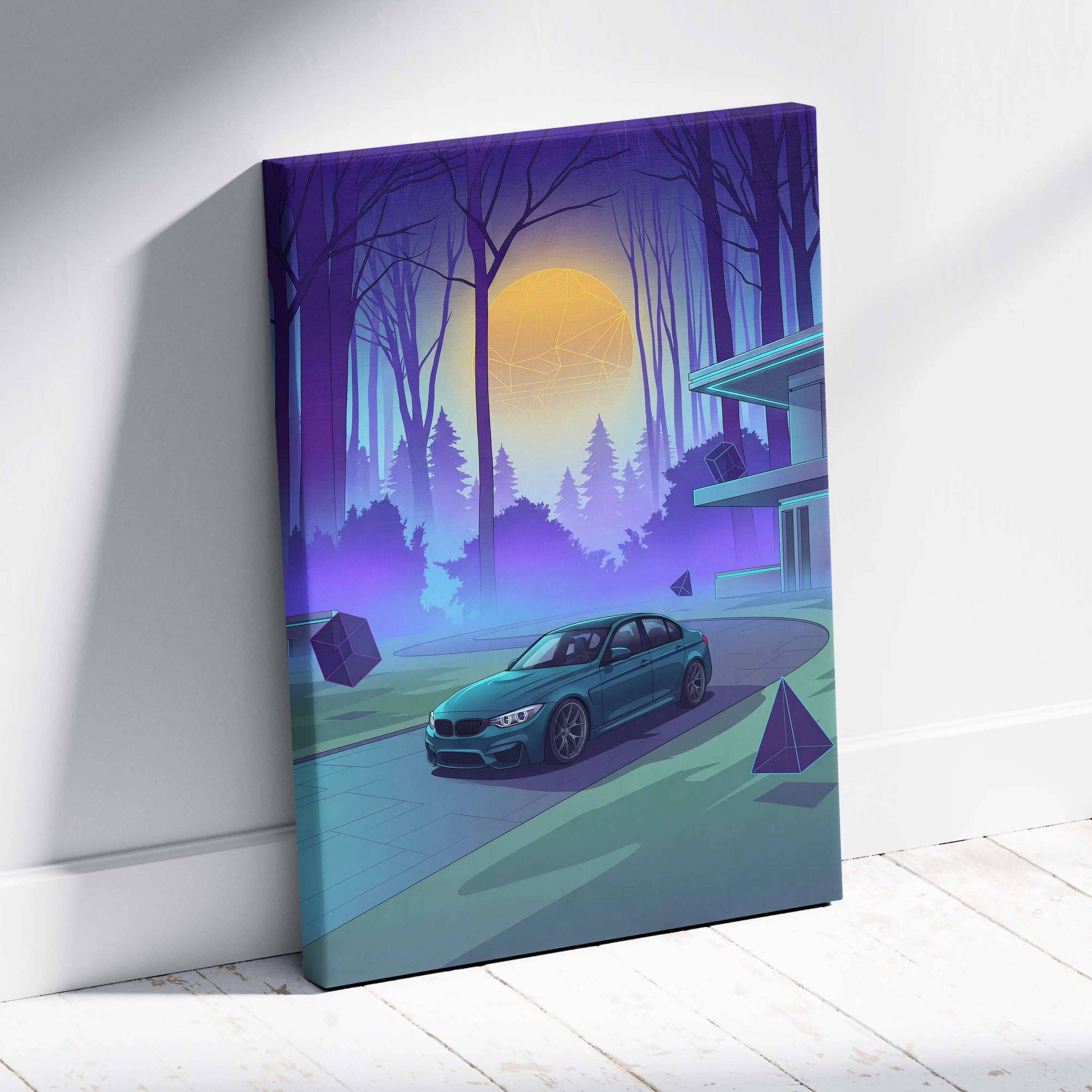 BMW M3 Inspired Teal Purple Canvas Wall Art, Forest Vaporwave Sports Sedan Artwork for Modern Garage Decor