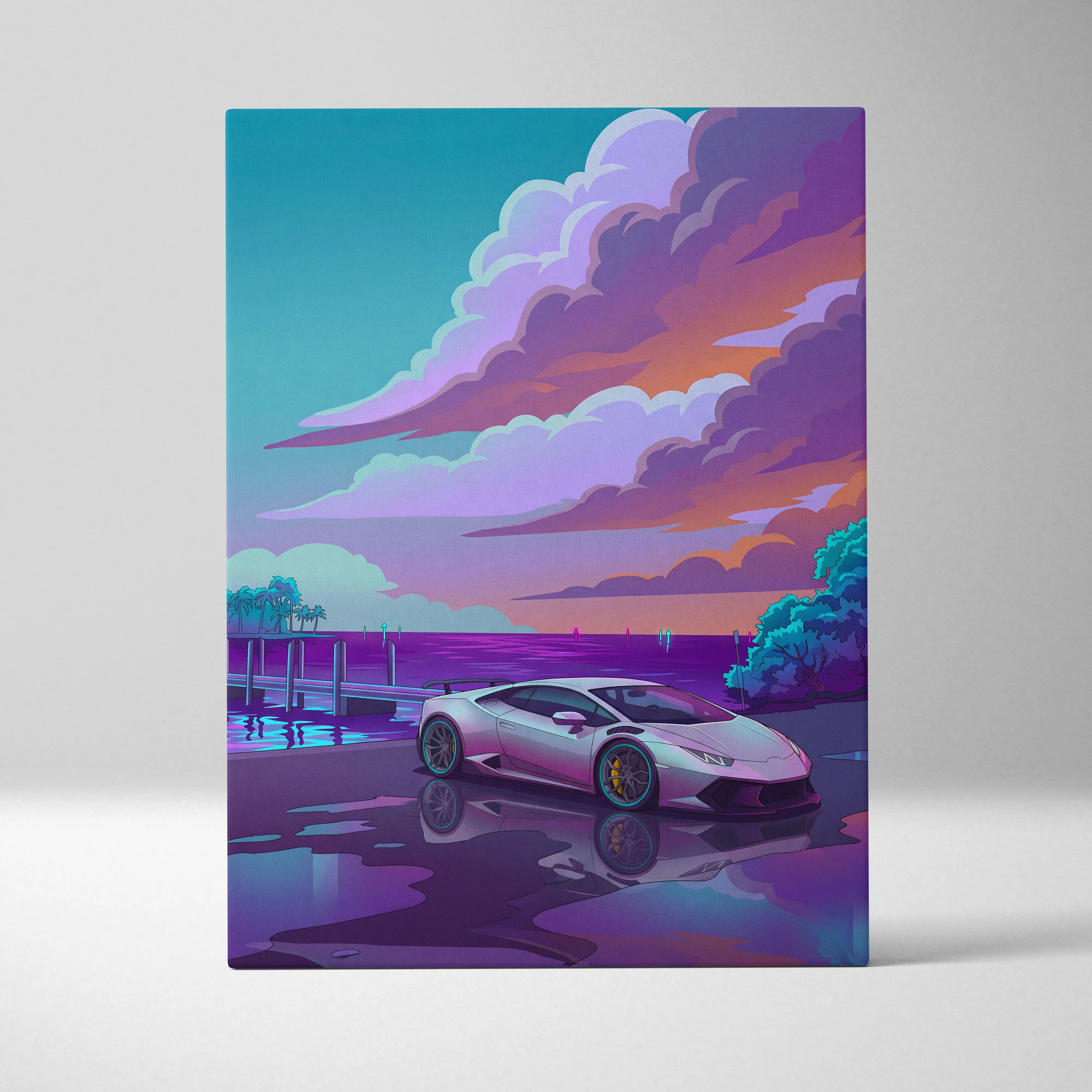 Lamborghini Huracan Inspired White Purple Canvas Wall Art, Coastal Neon Vaporwave Supercar Artwork for Modern Garage Decor