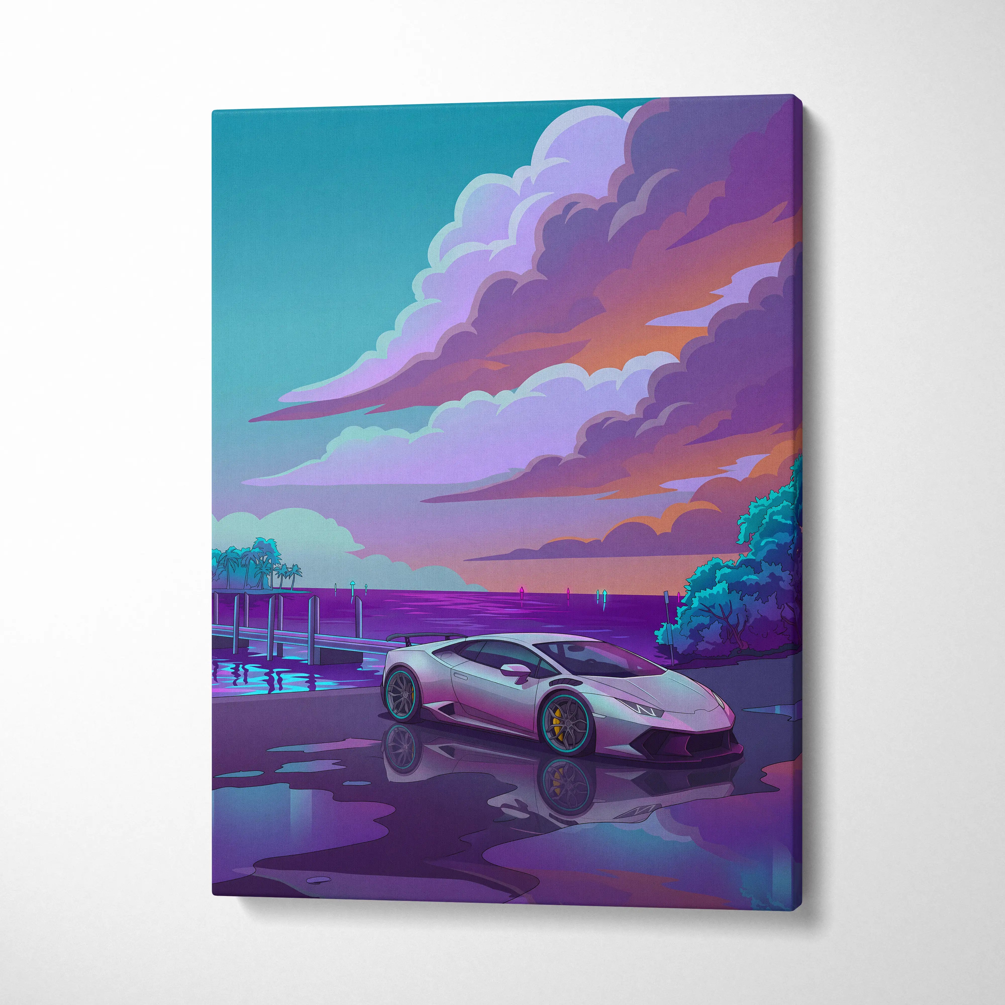 Lamborghini Huracan Inspired White Purple Canvas Wall Art, Coastal Neon Vaporwave Supercar Artwork for Modern Garage Decor