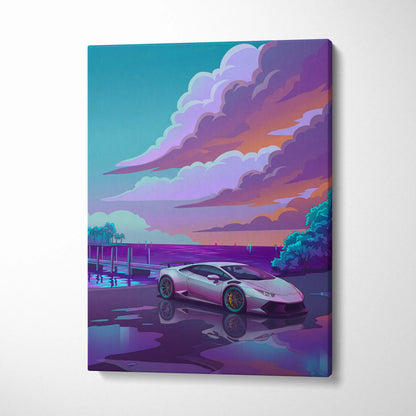 Lamborghini Huracan Inspired White Purple Canvas Wall Art, Coastal Neon Vaporwave Supercar Artwork for Modern Garage Decor