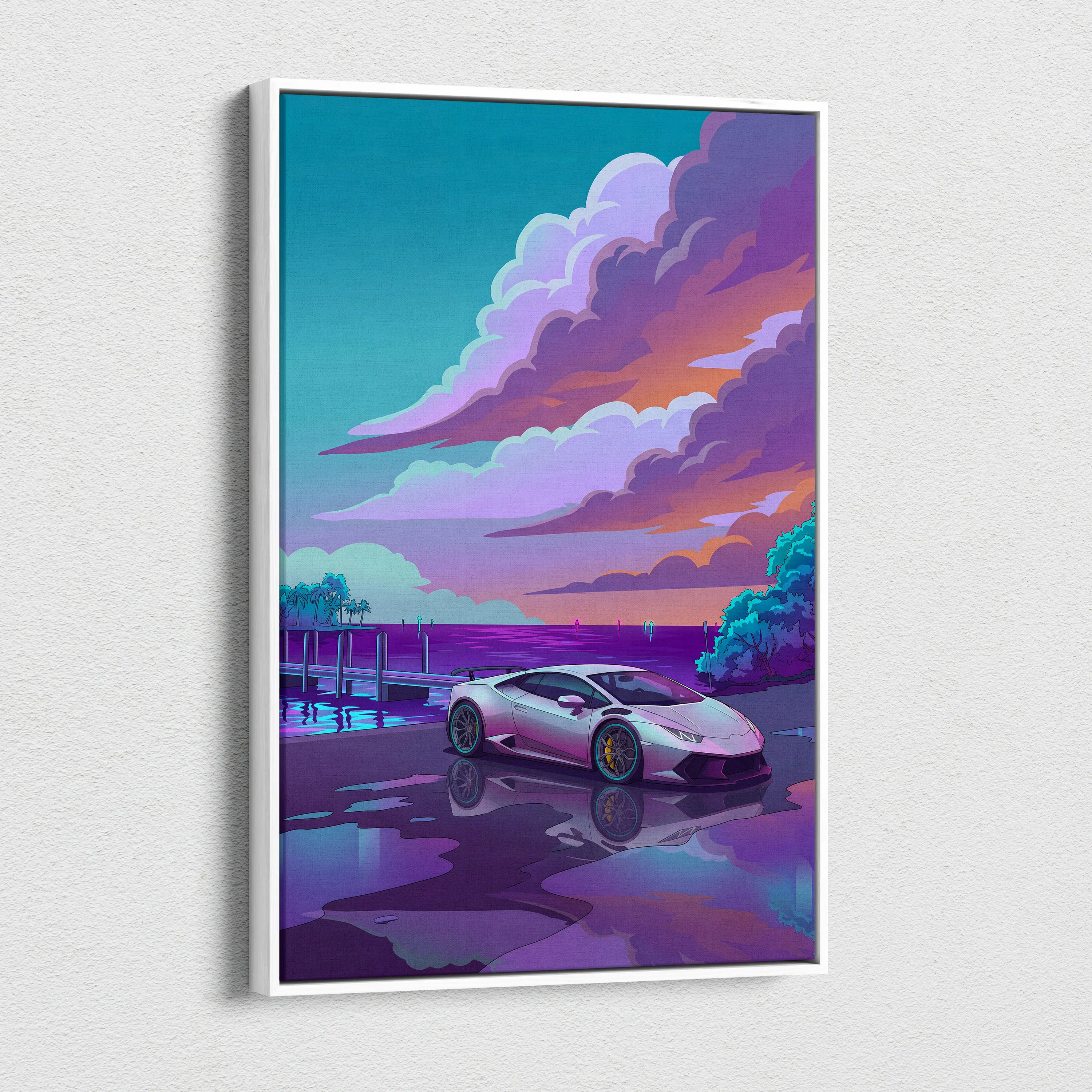 Lamborghini Huracan Inspired White Purple Canvas Wall Art, Coastal Neon Vaporwave Supercar Artwork for Modern Garage Decor