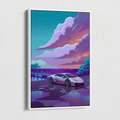 Lamborghini Huracan Inspired White Purple Canvas Wall Art, Coastal Neon Vaporwave Supercar Artwork for Modern Garage Decor