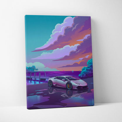 Lamborghini Huracan Inspired White Purple Canvas Wall Art, Coastal Neon Vaporwave Supercar Artwork for Modern Garage Decor