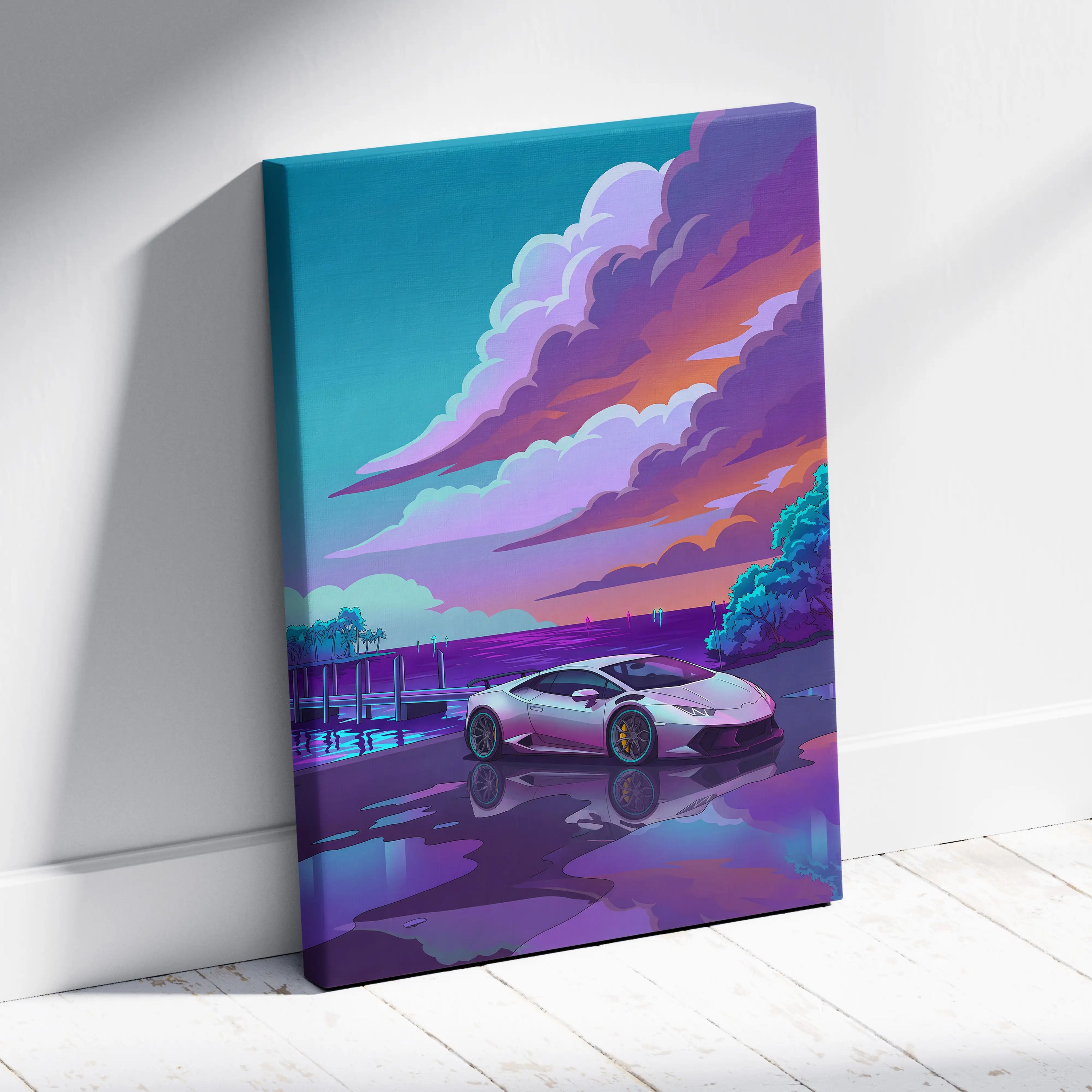 Lamborghini Huracan Inspired White Purple Canvas Wall Art, Coastal Neon Vaporwave Supercar Artwork for Modern Garage Decor